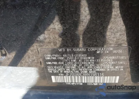 2024 Subaru Crosstrek z USA, uszkodzony, nr VIN JF2GUABC8RH398316